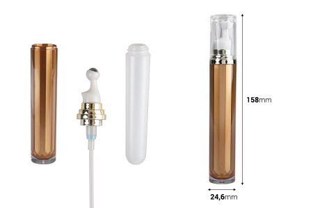Akrilna bočica 20mL za kozmetičku upotrebu u braon boji, sa roll-on pumpicom i zatvaračem-dimenzije_slike