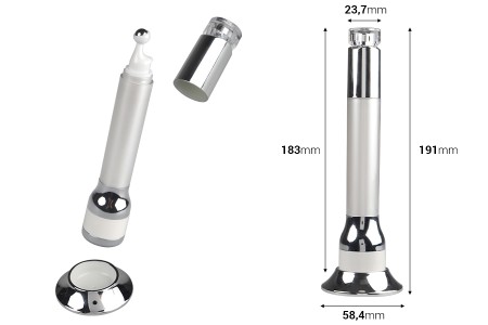 Akrilna bela bočica 15mL sa roll-on pumpicom za serum i vibracijom na dodir-dimenzije_slike