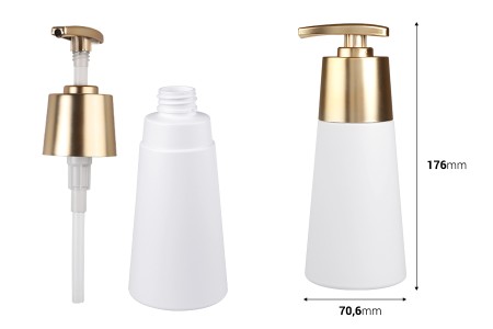 Plastična PET bočica 300mL, mat bela sa mat zlatnom pumpicom-dimenzije_slike