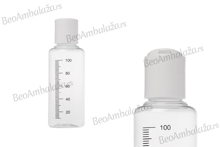 Providna plastična flašica 100mL sa mernim oznakama i belim disk top zatvaračem - 12 kom
