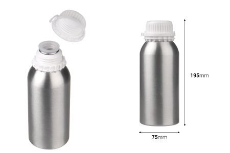 Aluminijumska boca 500mL za čuvanje esencija, parfema i alkoholnih rastvora sa čepom i plastičnim belim zaštitnim poklopcem-dimenzije_slike