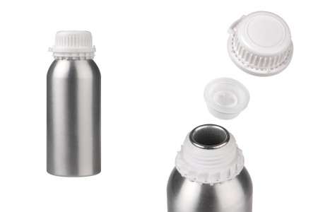 Aluminijumska boca 500mL za čuvanje esencija, parfema i alkoholnih rastvora sa čepom i plastičnim belim zaštitnim poklopcem-slika_proizvoda