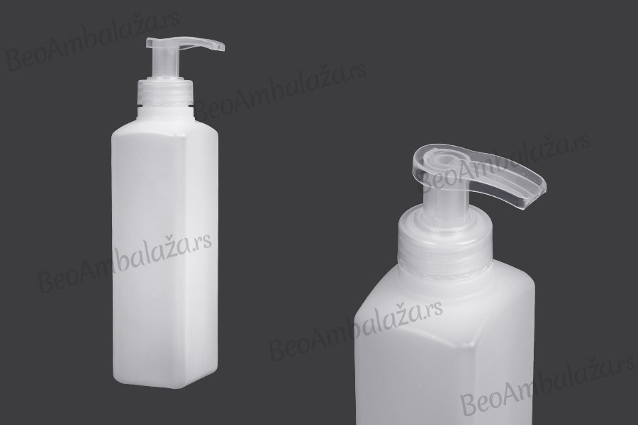 Plastična poluprovidna četvrtasta flaša 300 mL sa pumpicom, 28/400