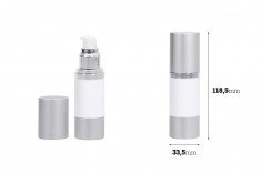 Airless plastična bela bočica 30mL za kreme sa aluminijumskom osnovom i zatvaračem u MAT srebrnoj boji