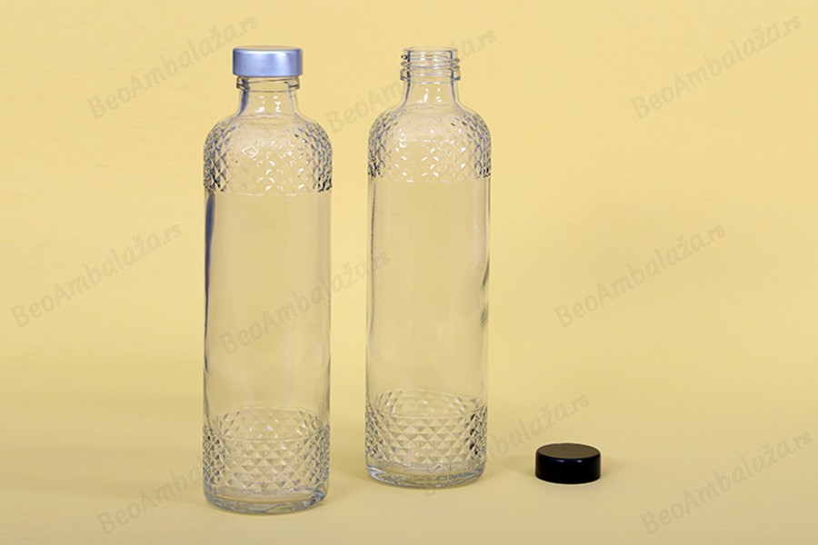 Staklena providna flaša 330mL sa reljefastim detaljima-dimenzije_slike