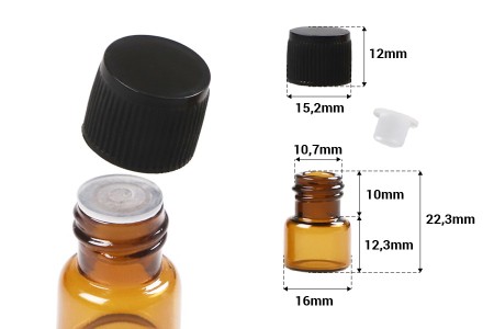 Mini staklena karamel bočica 1mL sa crnim zatvaračem i plastičnim čepom - 25 kom-dimenzije_slike