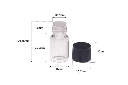 Mini staklena bočica 2mL, sa plastičnom zaptivkom i crnim zatvaračem-dimenzije_slike