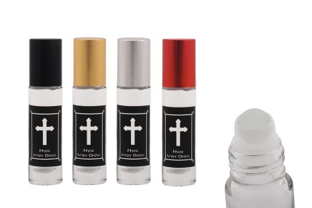 Staklena roll-on bočica 10mL sa staklenom kuglicom, krstom na crnoj nalepnici i aluminijumskim zatvaračem - 12 kom-1