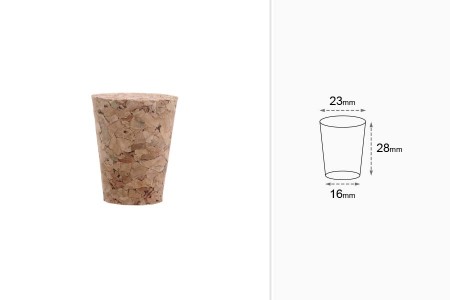Konusni čep od prirodne plute 28x23/16 mm – za prečnik 19 mm (PP28)-dimenzije_slike