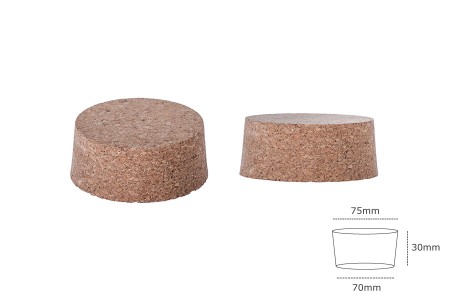 Široki konusni čep od prirodne plute 30x75/70 mm- za grlo PP82-dimenzije_slike