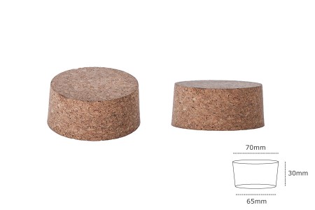 Široki konusni čep od prirodne plute 30x70/65 mm- za grlo PP77-dimenzije_slike