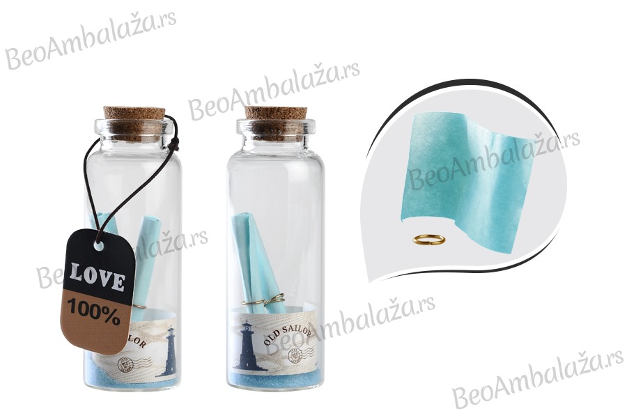 Staklene dekorativne bočice za želje sa plavim papirom i sa čepom od plute - 12 kom