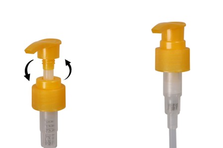 Plastična žuta pumpica 24/410 za kreme, losione ili šampone sa zaštitnim mehanizmom-slika_proizvoda