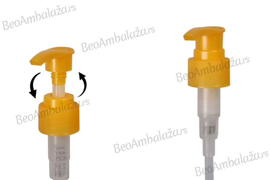Plastična žuta pumpica 24/410 za kreme, losione ili šampone sa zaštitnim mehanizmom