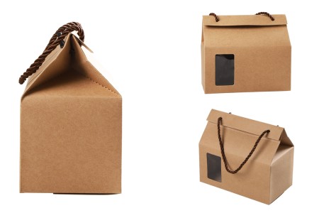 Kutija - paket za pakovanje 180x100x160mm od Kraft papira sa prozorom i ručkom od kanapa - 20 kom-3