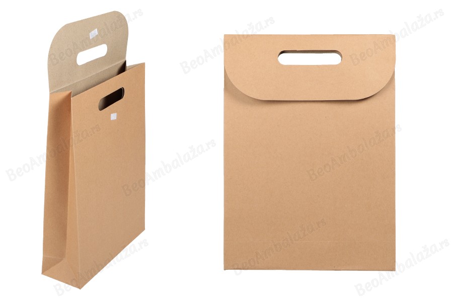 Papirna braon kraft kesa 240x80x330mm sa zatvaranjem na čičak - 12 kom-