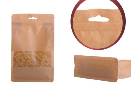 Kraft DoyPack kesice sa zip zatvaranjem, prozorom, Eurohole otvorom, unutrašnjom i spoljašnjom providnom oblogom i sa mogućnošću termo zatvaranja 160x80x260mm - 50kom-slika_proizvoda