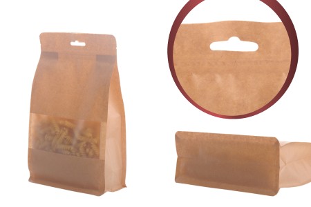 Kraft DoyPack kesice sa zip zatvaranjem, prozorom, Eurohole otvorom, unutrašnjom i spoljašnjom providnom oblogom i sa mogućnošću termo zatvaranja 160x80x260mm - 50kom-grupa_slika