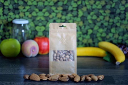 Kraft DoyPack kesice sa zip zatvaranjem, ventilom, prozorom, Eurohole otvorom, unutrašnjom i spoljašnjom providnom oblogom i sa mogućnošću termo zatvaranja 100x60x200 mm - 25kom-grupa_slika