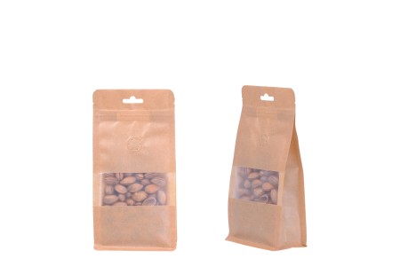 Kraft DoyPack kesice sa zip zatvaranjem, ventilom, prozorom, Eurohole otvorom, unutrašnjom i spoljašnjom providnom oblogom i sa mogućnošću termo zatvaranja 100x60x200 mm - 25kom-slika_proizvoda