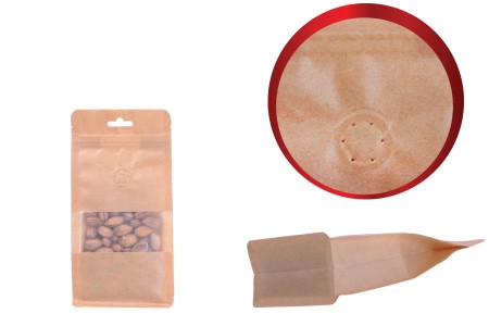 Kraft DoyPack kesice sa zip zatvaranjem, ventilom, prozorom, Eurohole otvorom, unutrašnjom i spoljašnjom providnom oblogom i sa mogućnošću termo zatvaranja 100x60x200 mm - 25kom-dimenzije_slike