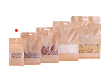 Kraft DoyPack kesice sa zip zatvaranjem, ventilom, prozorom, Eurohole otvorom, unutrašnjom i spoljašnjom providnom oblogom i sa mogućnošću termo zatvaranja 100x60x200 mm - 25kom-grupa_slika