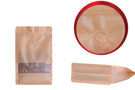 Kraft DoyPack kesice sa zip zatvaranjem 140x65x240 mm, ventilom, prozorom, unutrašnjom i spoljašnjom providnom oblogom i sa mogućnošću termo zatvaranja  - 50 komada-dimenzije_slike