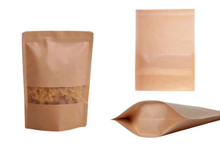 Kraft DoyPack kesice sa zip zatvaranjem i prozorom, unutrašnjom i spoljašnjom providnom oblogom, ovalnim dnom i sa mogućnošću termo zatvaranja 180x40x250 mm – 100 kom-slika_proizvoda