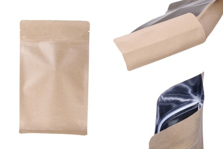 Kraft DoyPack kesice sa zip zatvaranjem 140x70x240 mm, unutrašnjom aluminijumskom oblogom, četvrtastim dnom i sa mogućnošću termo zatvaranja – 50 kom-slika_proizvoda