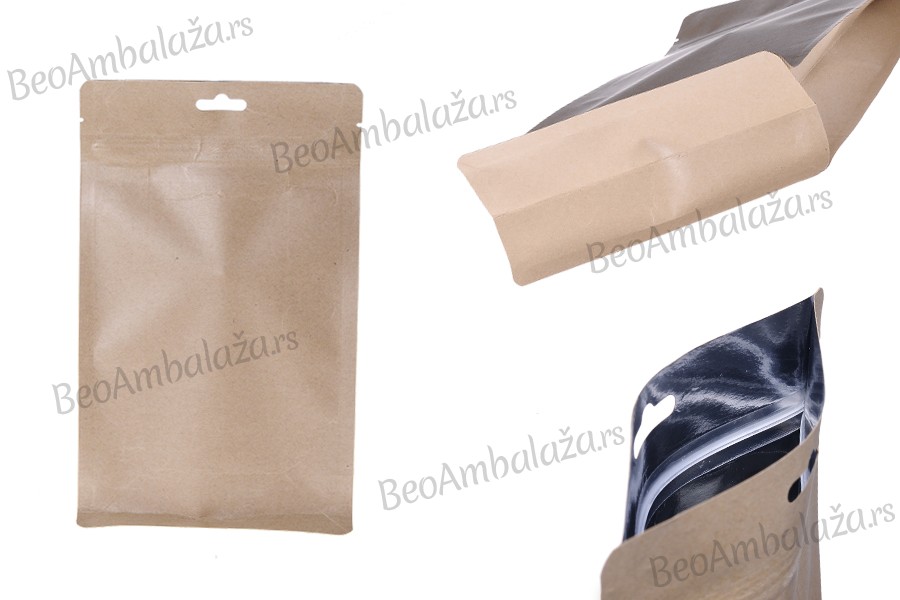Kraft DoyPack kesice sa zip zatvaranjem, unutrašnjom aluminijumskom oblogom, Eurohole otvorom i sa mogućnošću termo zatvaranja 140x70x230 mm – 50kom Kraft DoyPack kesice sa zip zatvaranjem, unutrašnjom aluminijumskom oblogom, Eurohole otvorom i sa mogućnošću termo zatvaranja 140x70x230 mm – 50kom