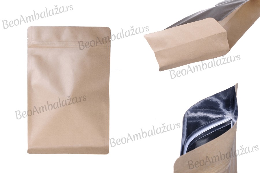 Kraft DoyPack kesice sa zip zatvaranjem, unutrašnjom aluminijumskom oblogom, četvrtastim dnom i sa mogućnošću termo zatvaranja 160x80x260 mm – 50kom