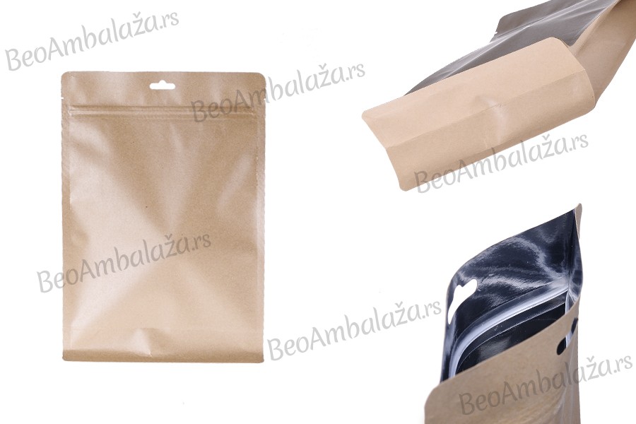 Kraft DoyPack kesice sa zip zatvaranjem, unutrašnjom aluminijumskom oblogom, Eurohole otvorom i sa mogućnošću termo zatvaranja 200x80x290 mm – 50kom