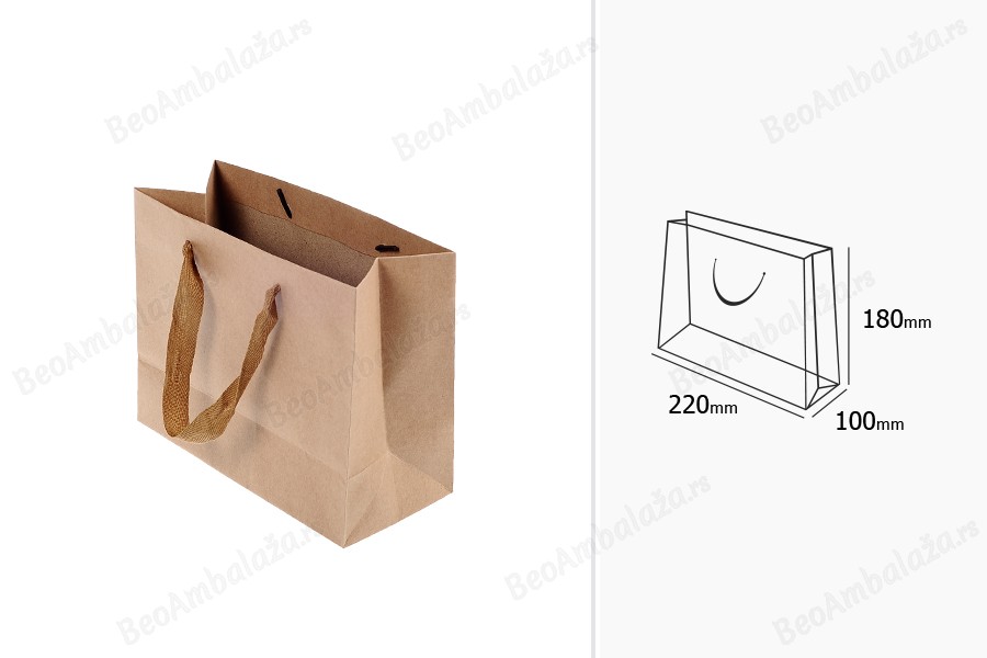 Papirna kraft ekološka kesa 220x100x180mm, sa braon trakom širine 20mm - 20 kom-dimenzije_slike