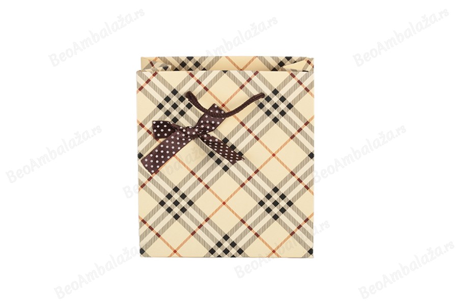 Papirna bež karirana kesa 140x70x150mm sa mašnom i pamučnim ručkama - 12 kom-slika_proizvoda