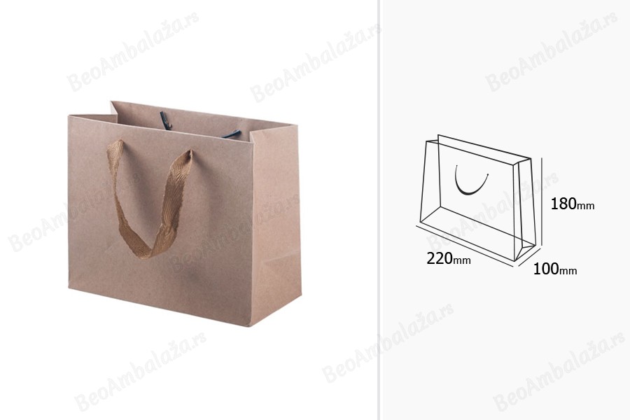Papirna kraft ekološka kesa 220x100x180mm, sa svetlo braon drškom širine 20mm - 20 kom-dimenzije_slike