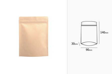 Kraft DoyPack kesice 90x30x140 mm sa zip zatvaranjem, unutrašnjom aluminijumskom oblogom, ovalnim dnom i sa mogućnošću termo zatvaranja – 50 kom-dimenzije_slike
