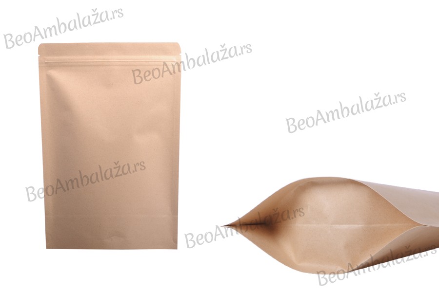 Kraft DoyPack kesice 130x40x210 mm sa zip zatvaranjem, unutrašnjom aluminijumskom oblogom, ovalnim dnom i sa mogućnošću termo zatvaranja – 50 kom Kraft DoyPack kesice 130x40x210 mm sa zip zatvaranjem, unutrašnjom aluminijumskom oblogom, ovalnim dnom i sa mogućnošću termo zatvaranja – 50 kom
