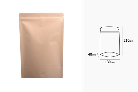 Kraft DoyPack kesice 130x40x210 mm sa zip zatvaranjem, unutrašnjom aluminijumskom oblogom, ovalnim dnom i sa mogućnošću termo zatvaranja – 50 kom-dimenzije_slike