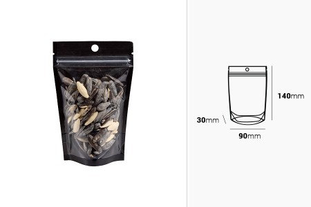 Aluminijumske DoyPack kesice sa zip zatvaranjem, crnom zadnjom i transparentnom prednjom stranom, ovalnim dnom i sa mogućnošću termo lepljenja 90x30x140mm - 100kom-dimenzije_slike
