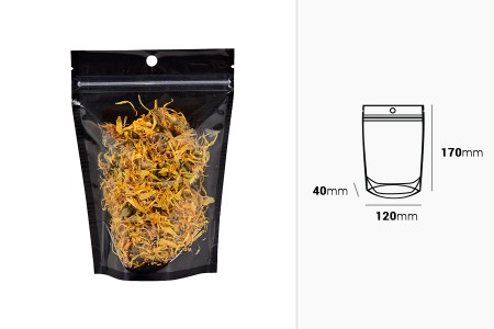 Aluminijumske DoyPack kesice sa zipom, crnom zadnjom i transparentnom prednjom stranom, ovalnim dnom i sa mogućnošću termo zatvaranja 120x40x170mm - 100kom-dimenzije_slike