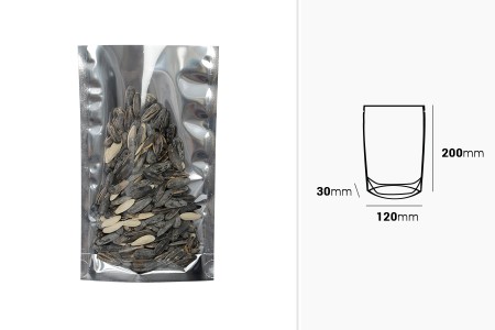 Aluminijumske DoyPack kesice 120x30x200 mm sa providnom prednjom stranom i ovalnim dnom, na termo zatvaranje - 100 kom-dimenzije_slike