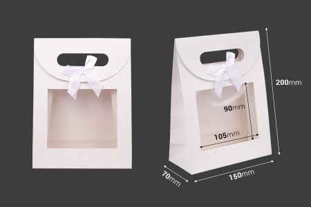 Papirna bela poklon kesa 150x70x200 mm sa zatvaranjem na čičak, prozorom i mašnom - 12 kom-dimenzije_slike