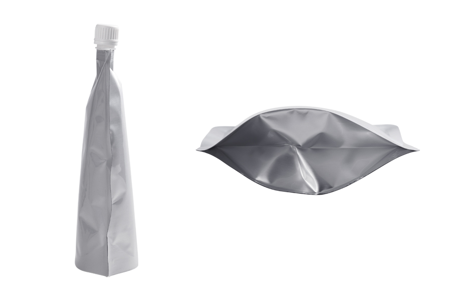 Aluminijumska DoyPack kesica za tečnost od 200ml sa belim plastičnim sigurnosnim zatvaračem – 50 kom Aluminijumska DoyPack kesica za tečnost od 200ml sa belim plastičnim sigurnosnim zatvaračem – 50 kom