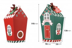 Božićna kartonska poklon kutijica u obliku kućice 70x70x195 mm sa trakom i karticom - 10 kom