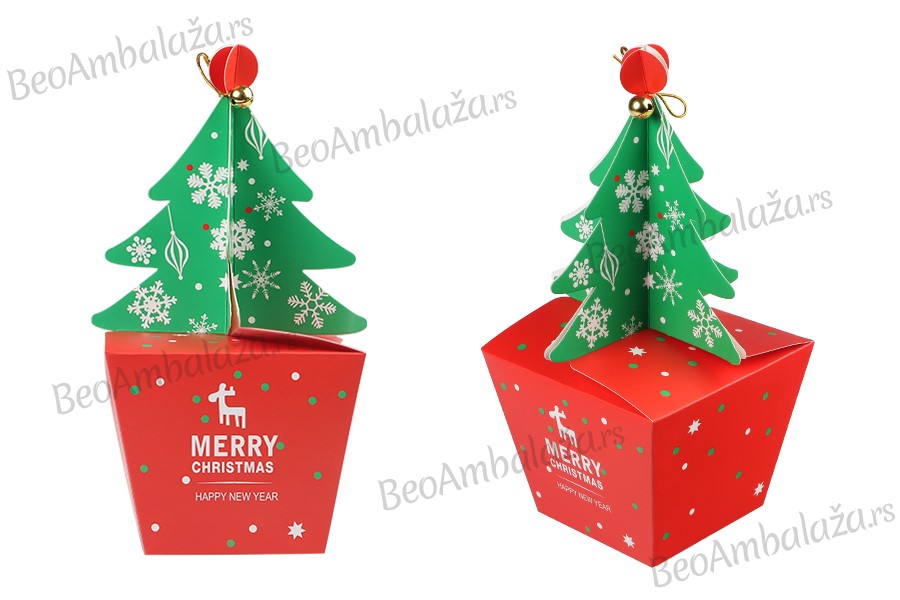 Božićna kartonska poklon kutijica 85x85x230 mm sa jelkom i zvoncetom - 10 kom