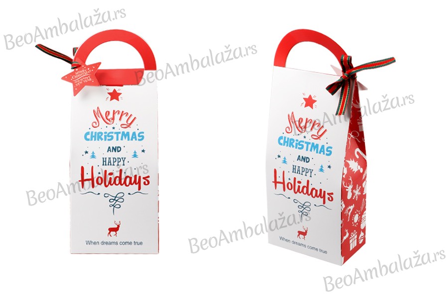 Božićna kartonska poklon kesica 105x60x275 mm sa drškom, trakom i karticom  - 10 kom