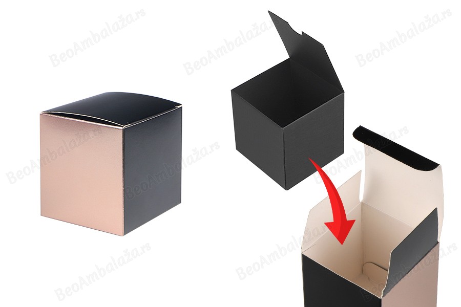 Kartonska kutija 68x68x70 mm u mat crnoj - roze zlatnoj boji sa unutrašnjim kartonskim uloškom - 20 kom-slika_proizvoda