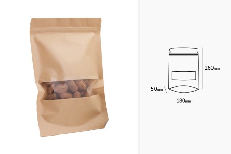 Kraft DoyPack 180x50x260mm kesice sa zip zatvaranjem i prozorom, unutrašnjom i spoljašnjom providnom oblogom, ovalnim dnom i sa mogućnošću termo zatvaranja – 100kom-grupa_slika