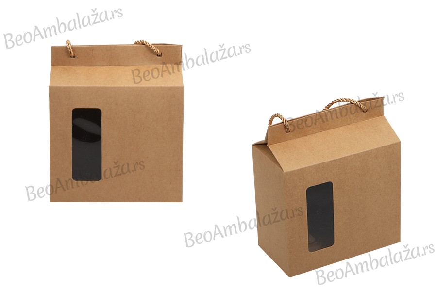 Kutija - paket za pakovanje 180x100x210mm od Kraft papira sa prozorom i ručkom od kanapa - 20 kom