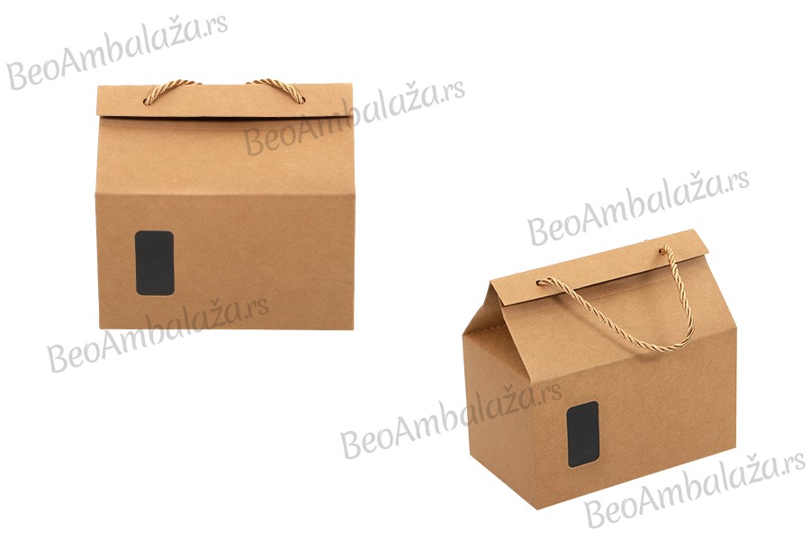 Kutija - paket za pakovanje 200x120x180mm od Kraft papira sa prozorom i ručkom od kanapa - 20 kom